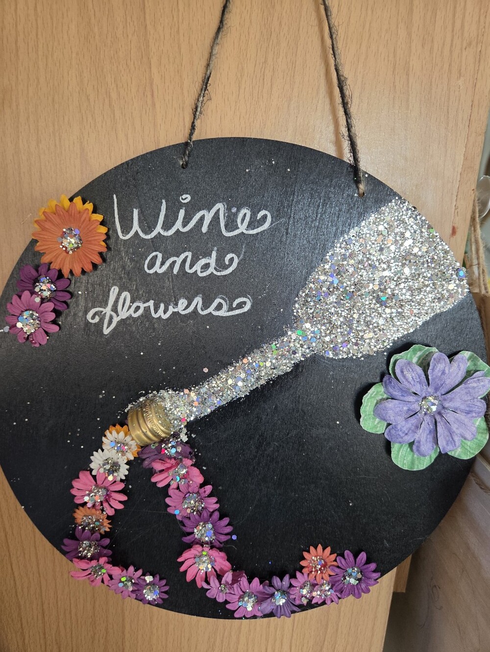 HandCrafted Wine and Flowers Glitter Floral Wall Plaque 13x13
